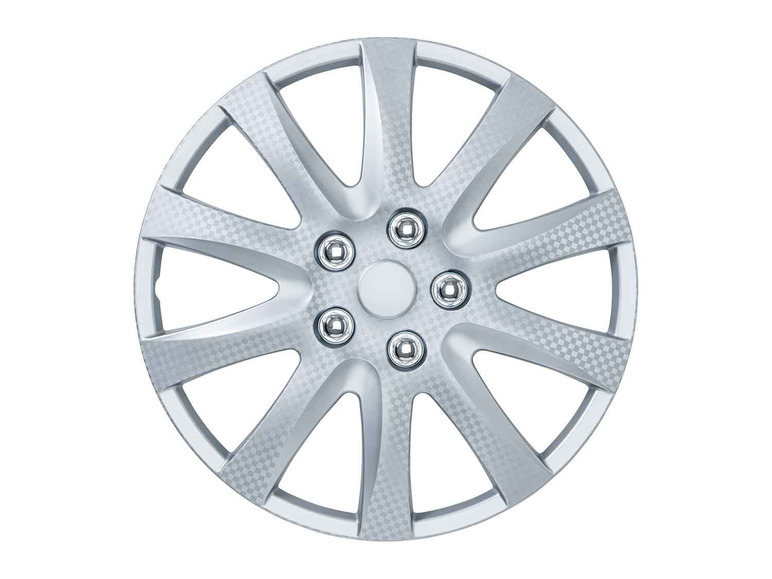 Eine silberne Radkappe mit Carbon-Optik.