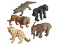 Spielzeugtiere, darunter ein Löwe, ein Gorilla, ein Elefant, ein Leopard und ein Krokodil.