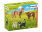 Schleich Farm World Spielzeugset mit einem Pferd, einem Kalb, einem Welpen und einer Katze.