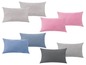 Sechs Kissenbezüge in verschiedenen Farben: Grau, Rosa, Blau und Dunkelgrau.