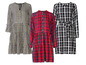 Drei karierte Kleider mit langen Ärmeln.