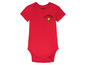 Ein roter Babystrampler mit kurzen Ärmeln und einem Snoopy-Astronauten-Motiv.