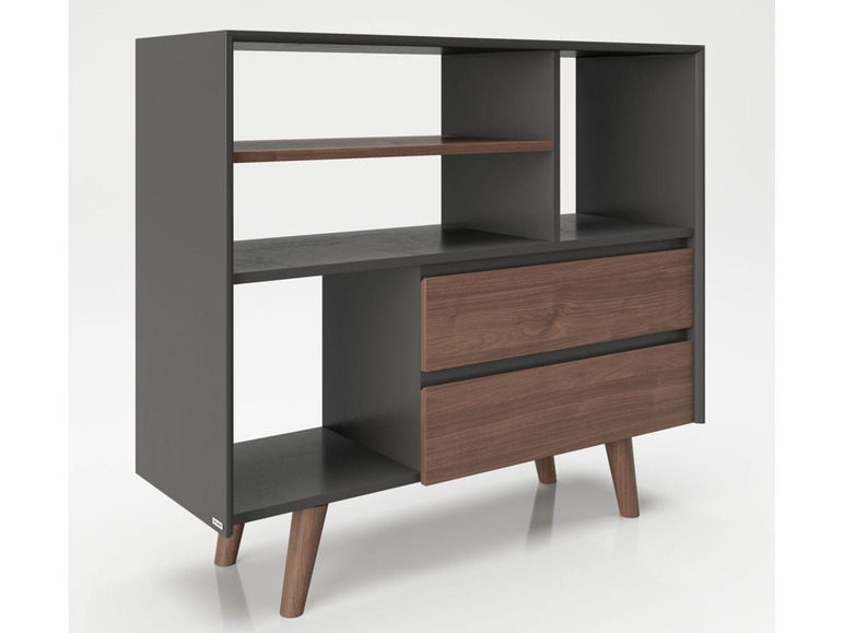 Ein dunkelgrauer Schrank mit zwei Schubladen und offenen Fächern.