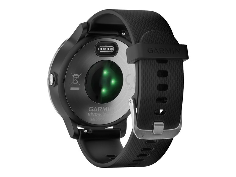Eine schwarze Garmin Vivoactive 3 Smartwatch mit silbernem Gehäuse.