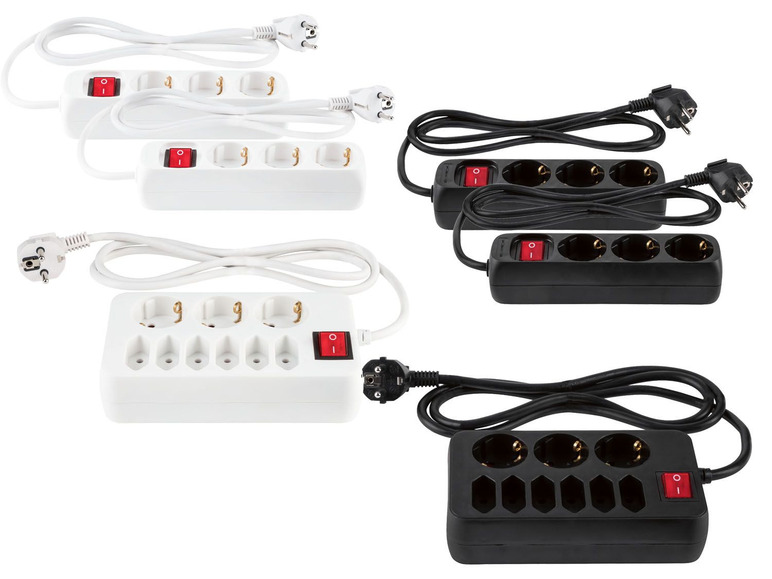 Schwarze und weiße Steckdosenleisten mit mehreren Steckdosen.