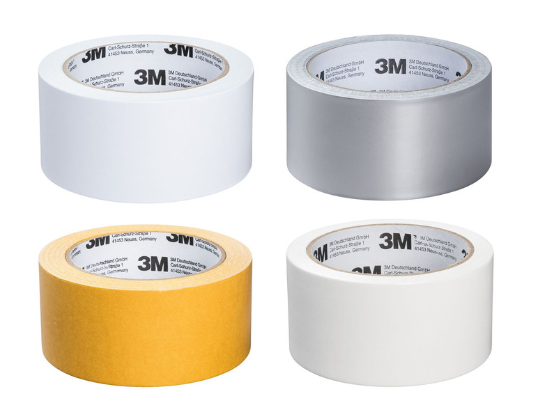 Vier Rollen 3M Klebeband: weiß, silber, beige und transparent.
