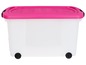 Eine weiße Aufbewahrungsbox mit rosa Deckel und Rädern.