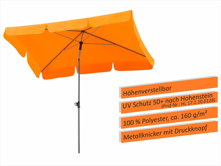 Ein orangefarbener Sonnenschirm mit UV-Schutz 50+ von Hohenstein.