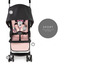 Ein schwarzer Kinderwagen mit Minnie Mouse-Design.