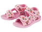 Zwei rosa Sandalen mit Paw Patrol-Druck für Kinder.