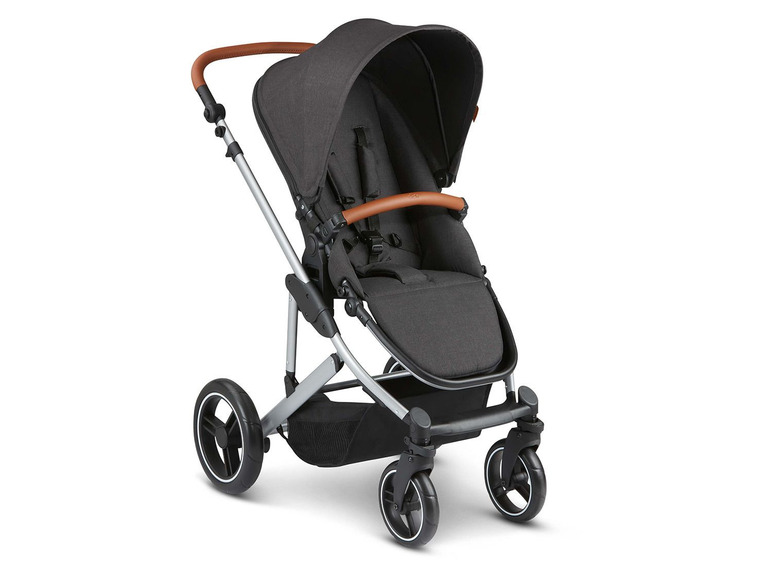 Ein schwarzer Kinderwagen mit braunem Ledergriff.