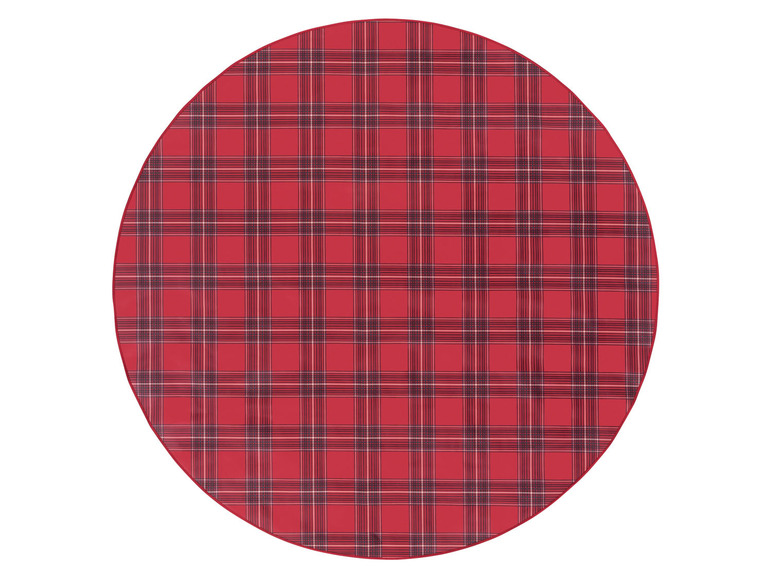 Runder Tischdecke mit rot-weiß-schwarzem Karomuster.
