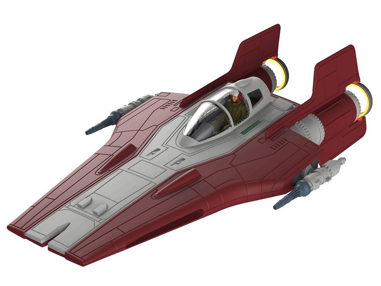 Ein rotes und weißes Star Wars B-wing Raumschiff Spielzeug.