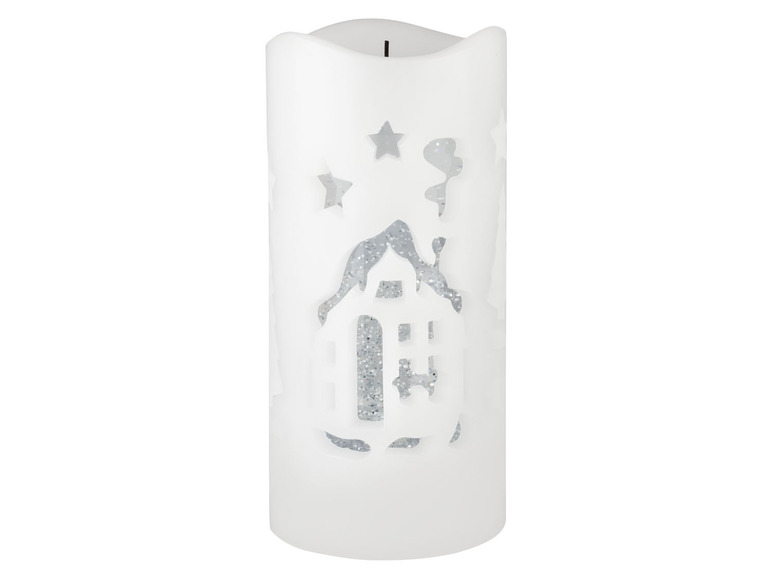 Eine weiße LED-Kerze mit einem Weihnachtsmotiv.