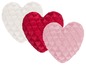 Drei plüsch Herzen in rot, weiß und rosa.