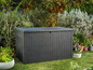 Ein großer schwarzer Wicker-Aufbewahrungskasten im Garten.