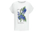 Weißes T-Shirt mit Blumenmuster und dem Schriftzug 'spring feelings'.