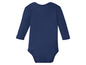 Ein dunkelblauer Baby-Body mit langen Ärmeln.