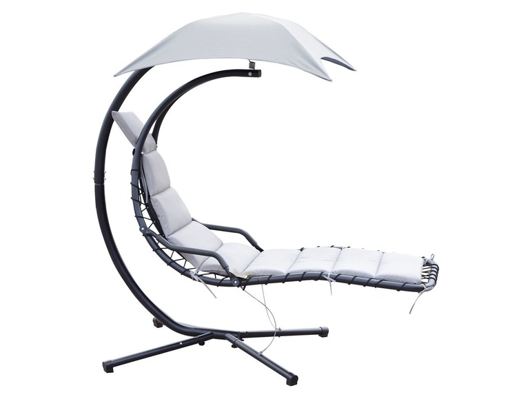 Ein Hängesessel mit Sonnenschirm für den Außenbereich.