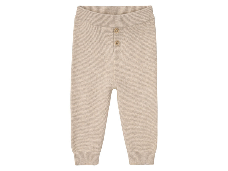 Beige gestrickte Hose mit Knöpfen für Babys.