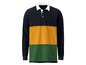 Ein dunkelblaues, gelbes und grünes Rugby-Shirt mit langen Ärmeln.