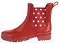 Rote Gummistiefel mit weißen Punkten.