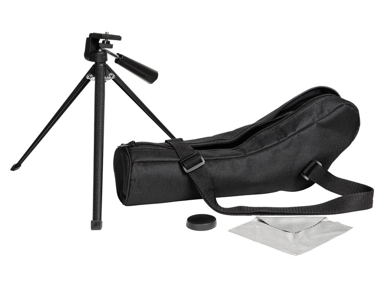 Ein Teleskop mit Tasche, Stativ und Reinigungstuch.
