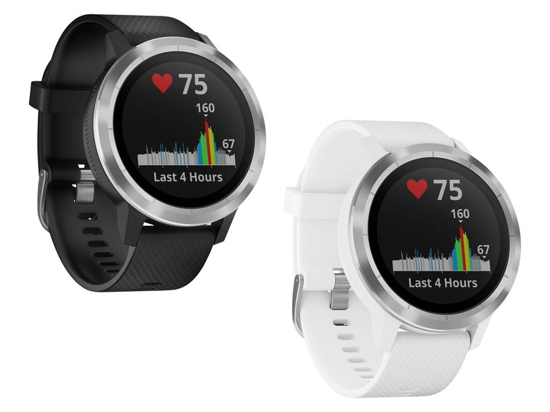Zwei Garmin Smartwatches mit schwarzem und weißem Silikonarmband.