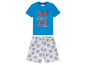 Blaues Spider-Man T-Shirt und graue Pyjamahose mit Spider-Man-Druck.