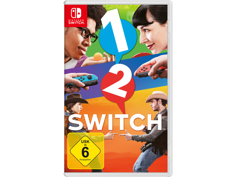 Nintendo Switch-Spiel 1-2-Switch mit Personen, die diverse Minispiele spielen.