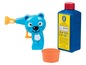 Ein blaues Bären-Blaspistool, ein Eimer und Blasenflüssigkeit von Pustefix.