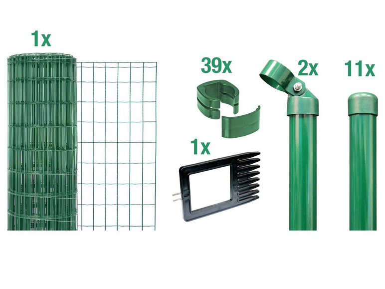 Eine Rolle Zaun, Pfosten, Befestigungsclips und ein Werkzeug zum Montieren des Zauns.