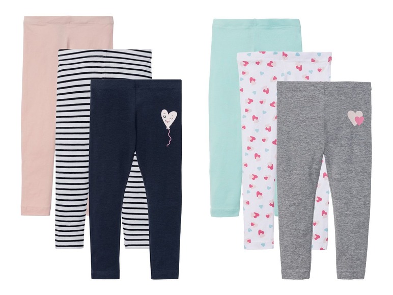 Ein Set mit sechs Leggings für Mädchen mit verschiedenen Mustern, darunter gestreift, einfarbig blau, rosa, einfarbig grün und zwei mit Herzen.