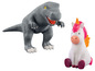 Ein graues T-Rex Dinosaurierspielzeug neben einem rosa Einhorn.