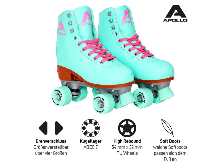 Blaue Apollo Quad-Roller Skates mit rosa Schnürsenkeln und ABEC 7 Kugellagern.