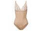 Ein beigefarbener Body mit Spitzendetails.
