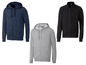 Drei verschiedene Kapuzenpullover: dunkelblau, grau und schwarz.