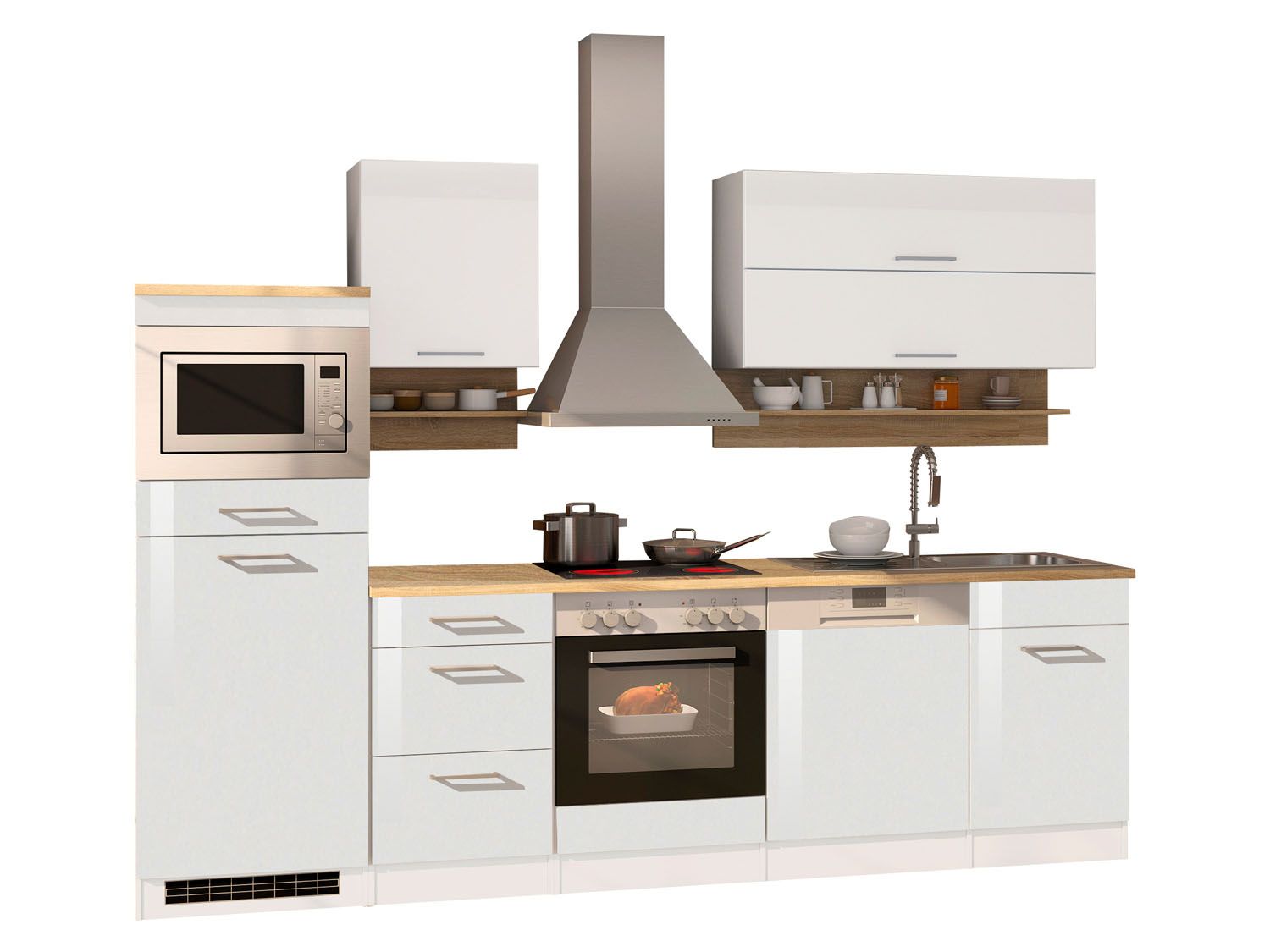 HELD Küchenzeile Mailand 220-390cm (inkl. E-Geräte, Hochglanz-weiß/eiche sonoma, 280 cm) | 04251639434537