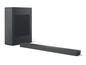 Eine schwarze Soundbar mit Subwoofer von Philips.