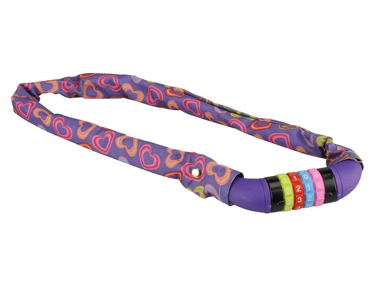 Eine lilafarbene Fahrradkette mit Herzchenmuster und Zahlenschloss.