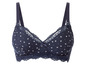 Ein dunkelblauer BH mit Blumenmuster und Spitze.