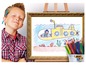 Ein Junge posiert mit einem Bild eines gelben U-Boots und Buntstiften von BIC Kids.