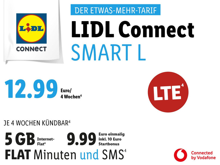 Lidl Connect SMART L Tarif mit 5 GB Daten, Flat Minuten und SMS für 12,99 € pro 4 Wochen.
