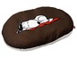 Ein braunes Hundebett mit Snoopy-Aufdruck.