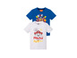 Zwei Paw Patrol T-Shirts für Jungen, ein blaues mit 'Rescue' und ein weißes mit 'Practice Makes Pawfect'.