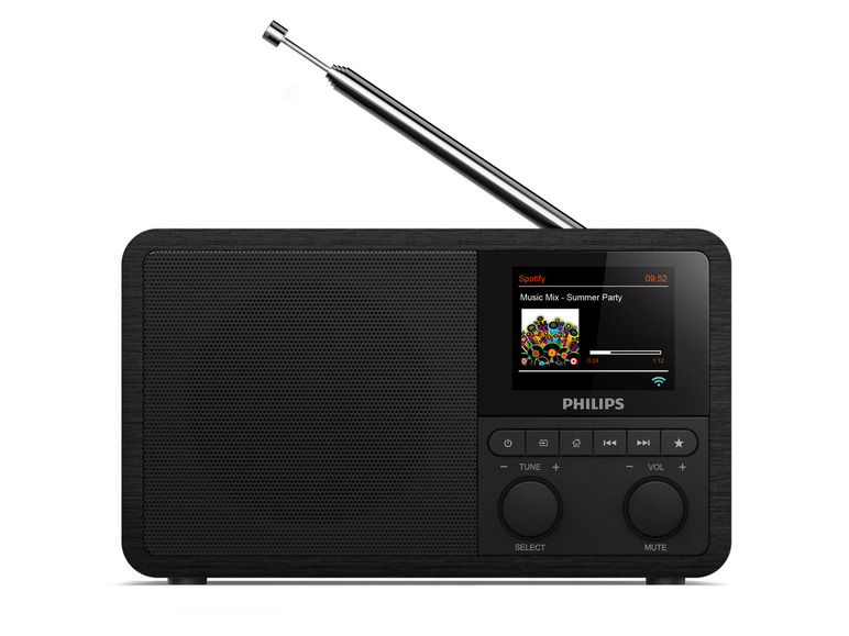 Ein schwarzes Philips Radio mit Antenne, das Spotify abspielt.