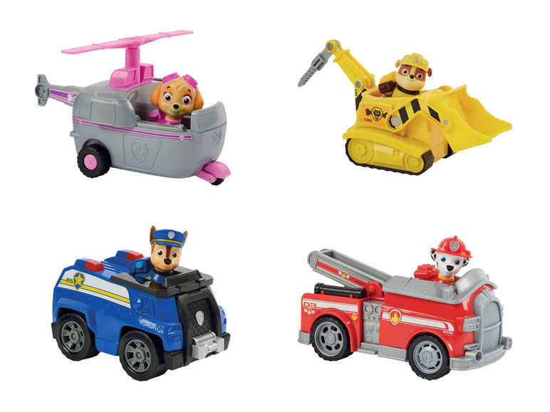 Paw Patrol Spielzeugfahrzeuge: ein Helikopter, ein Bulldozer, ein Polizeiauto und ein Feuerwehrauto.