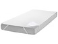 Ein weißer Matratzenschoner mit Gummizug.