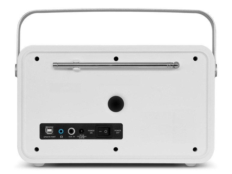 Weißes tragbares Radio mit Antenne, USB-Anschluss und Aux-Eingang.