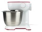 Eine weiße Küchenmaschine mit einer Edelstahlschüssel.
